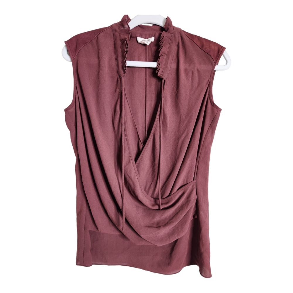 Helmut Lang silk chiffon and goat leather layered top size M in burgundy